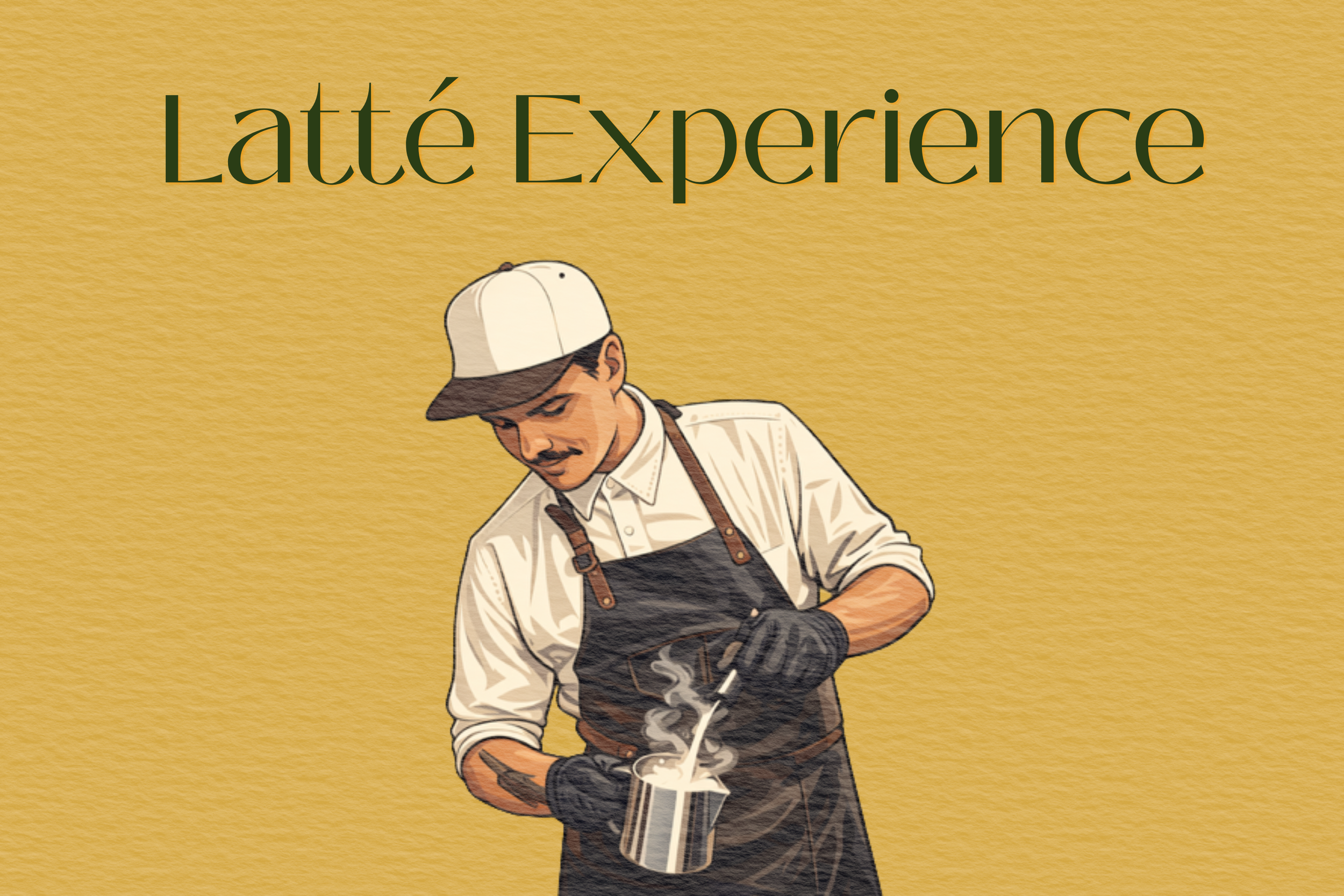 Een man in een wit overhemd en een pet bereidt koffie, met stoom die uit de beker opstijgt, op een gele achtergrond met de tekst 'Late Experience' erboven.