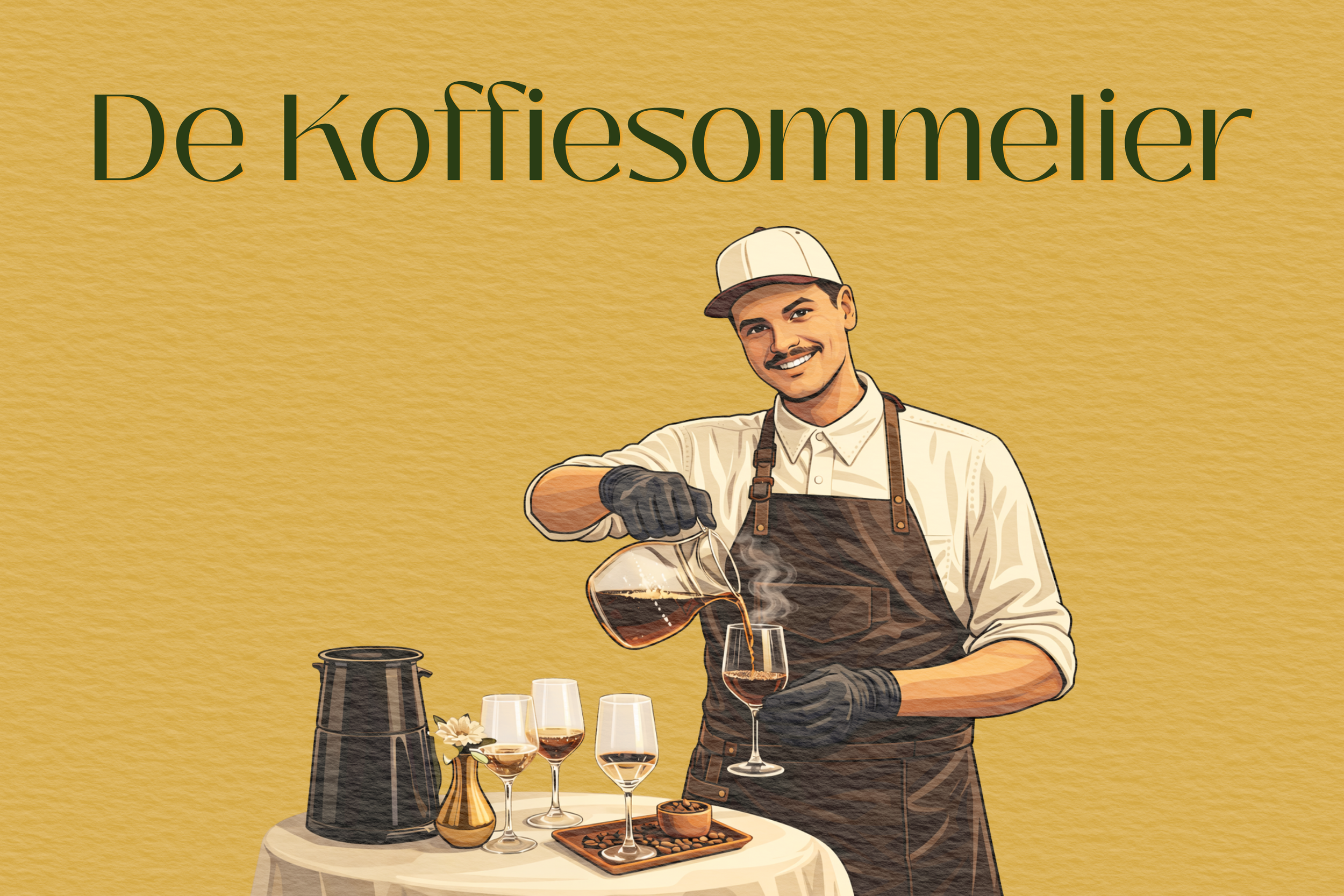 Een man die wijn inschenkt tijdens een proeverij met wijnflessen en glazen op een tafel, tegen een gele achtergrond.