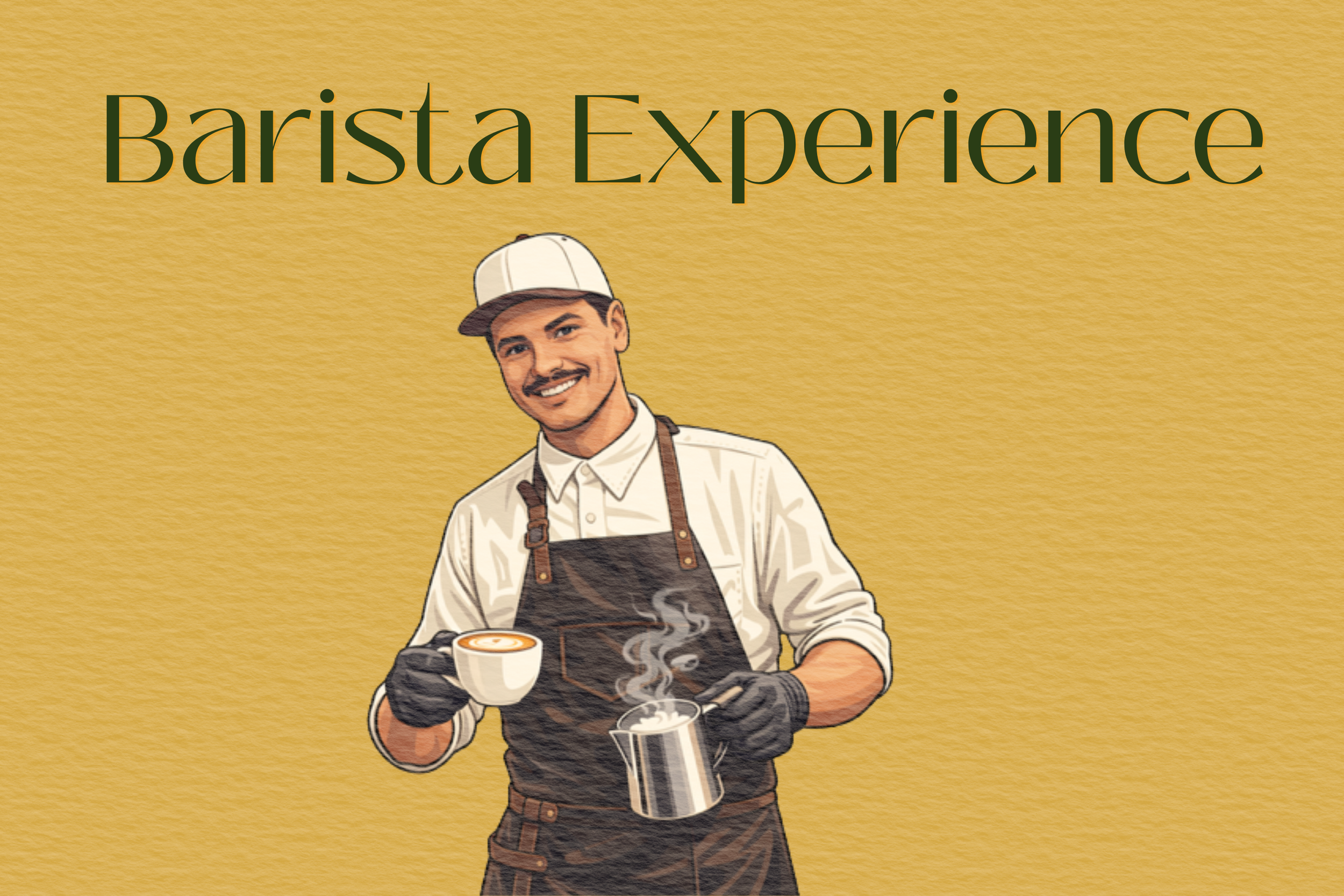 Illustratie van een barista in een wit-shirt, bruin schort en hoedje, die een kopje koffie vasthoudt met dampend koffie en een koffieketel vasthoudt, tegen een gele achtergrond. Bovenaan de afbeelding staat de tekst 'Barista Experience' in grote groene letters.