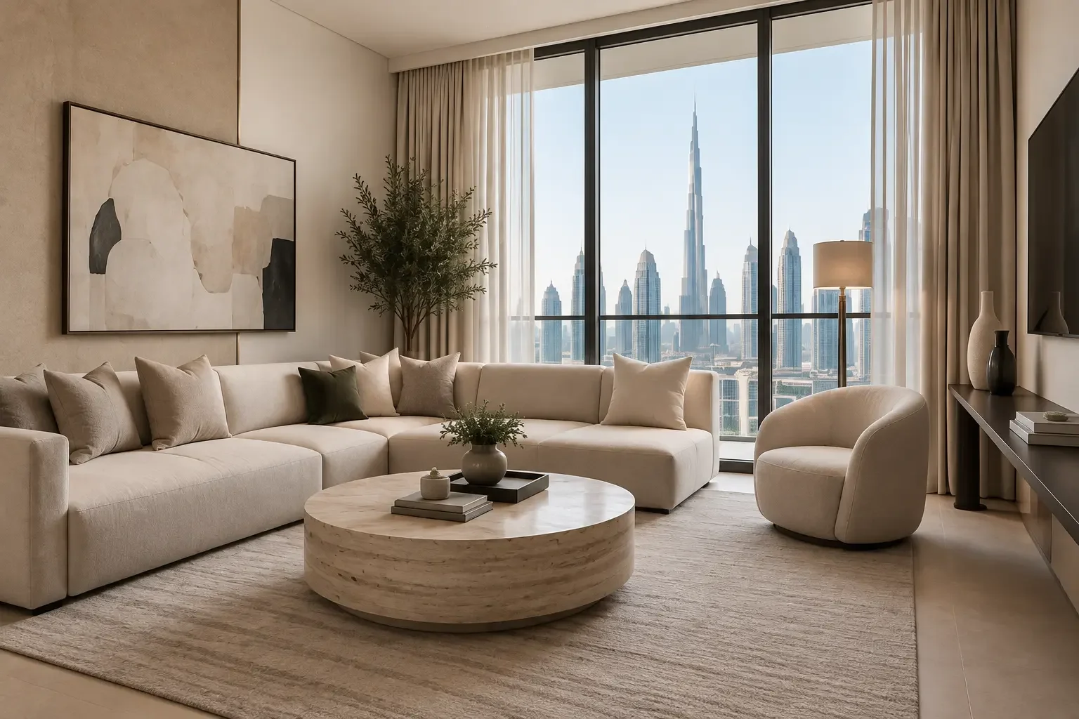 Luxury Dubai apartment living room with contemporary interior design and city views