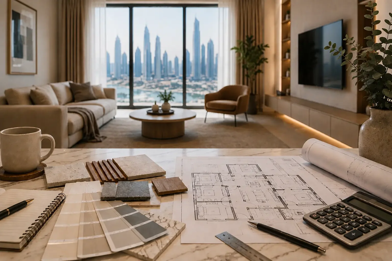 Elegant Dubai apartment interior with renovation plans, material samples, floor plans, and a calculator on a marble table overlooking a modern city skyline.