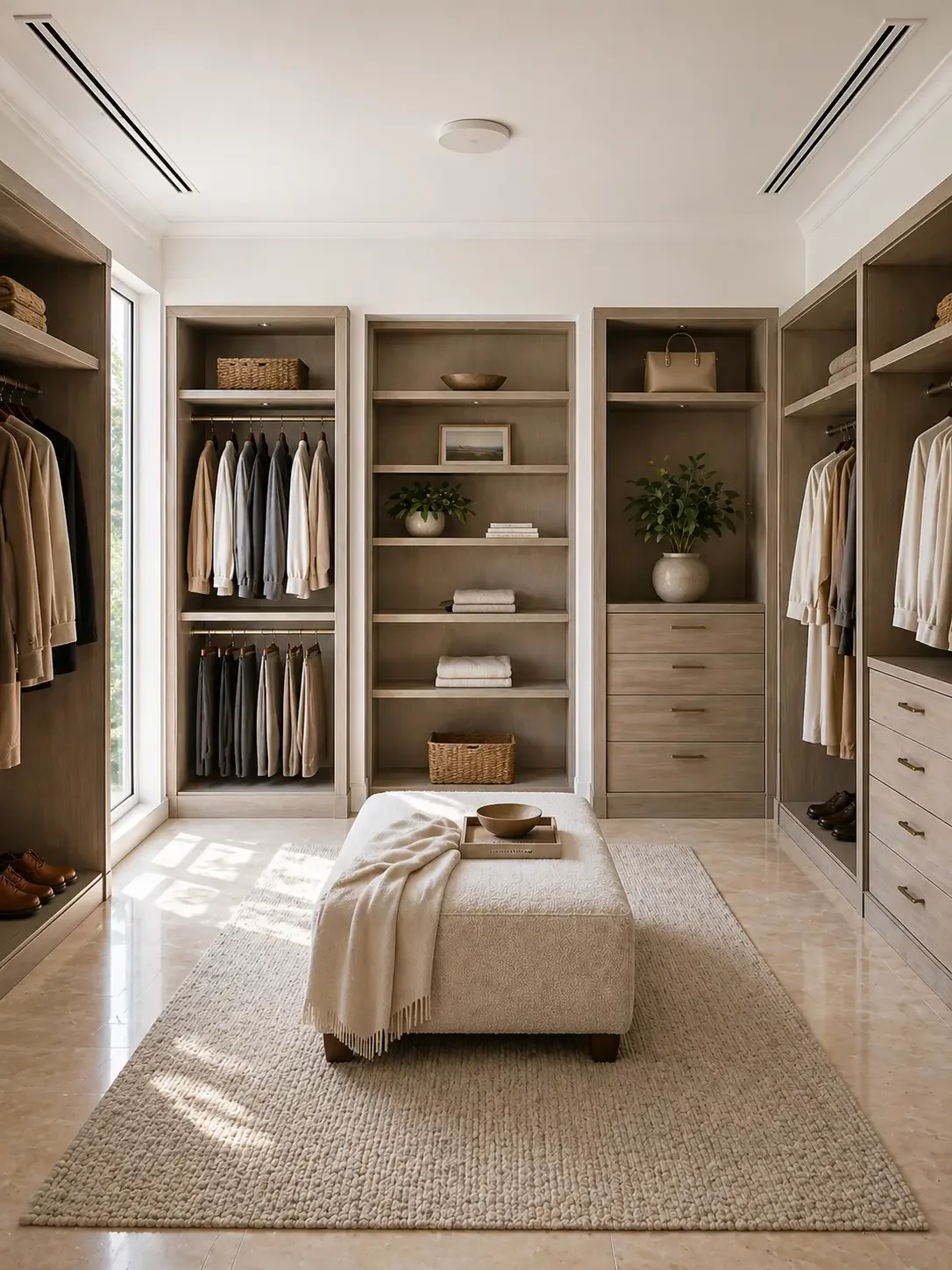 Modern walk-in closet with custom wood cabinetry, open shelving, soft neutral finishes, and luxury villa detailing.