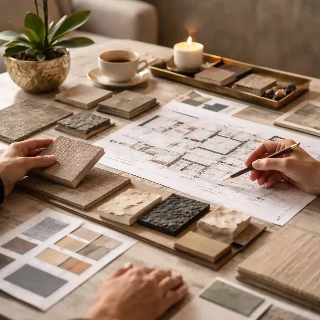 Interior design consultation with moodboard, material samples, and space planning drawings in warm ambient lighting