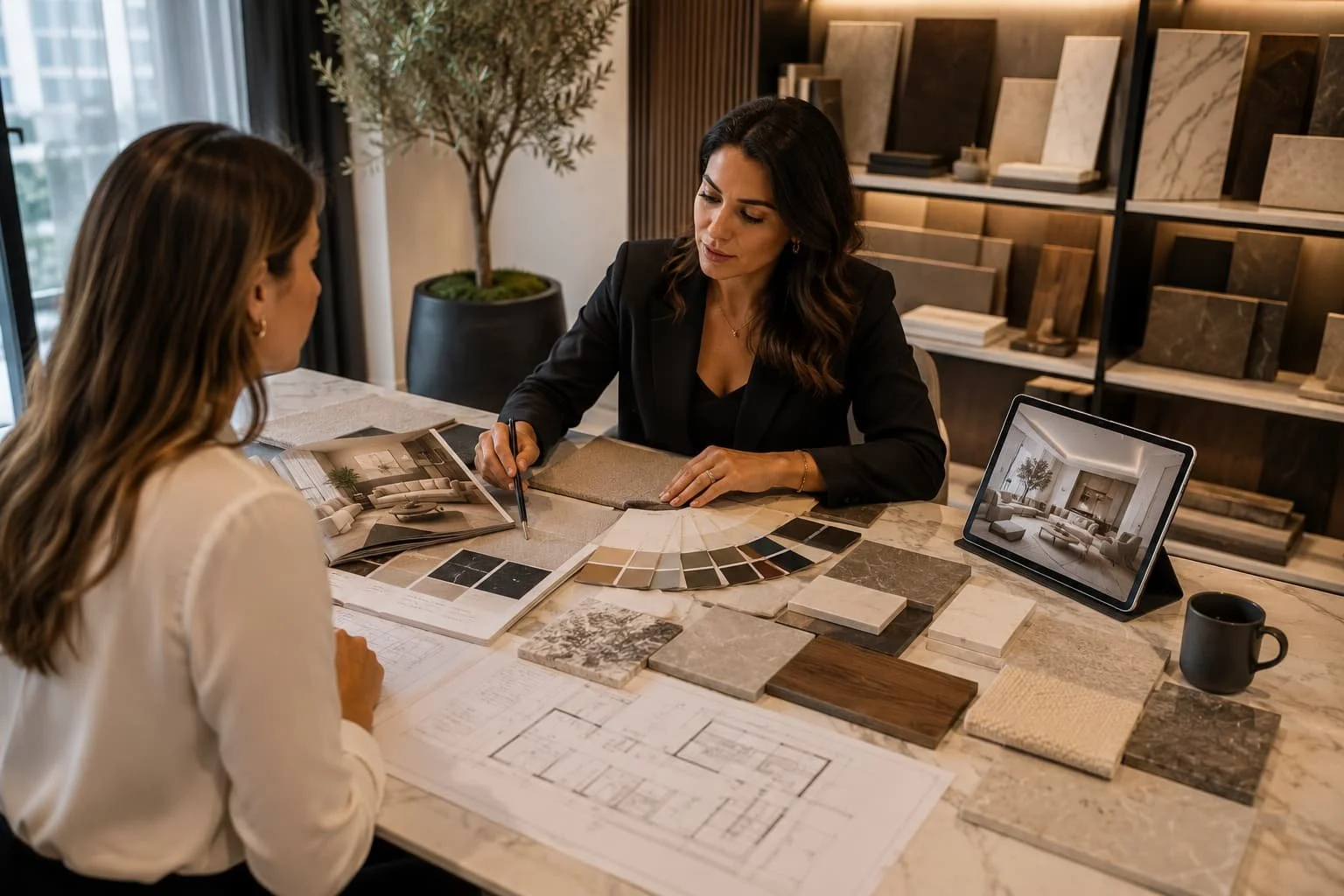 Interior designer meeting with a client during a design consultation in Dubai, reviewing floor plans, material samples, colour palettes, and finishes for a residential interior project.