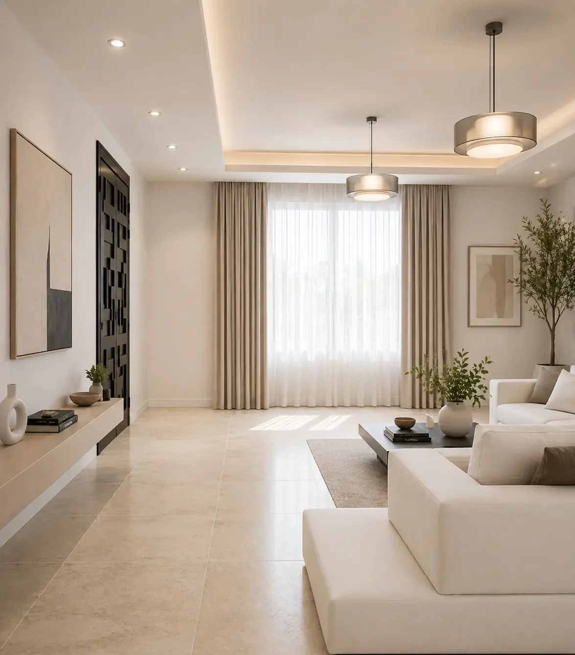 Modern villa living room with neutral palette, recessed lighting, layered textures, and minimalist contemporary styling.