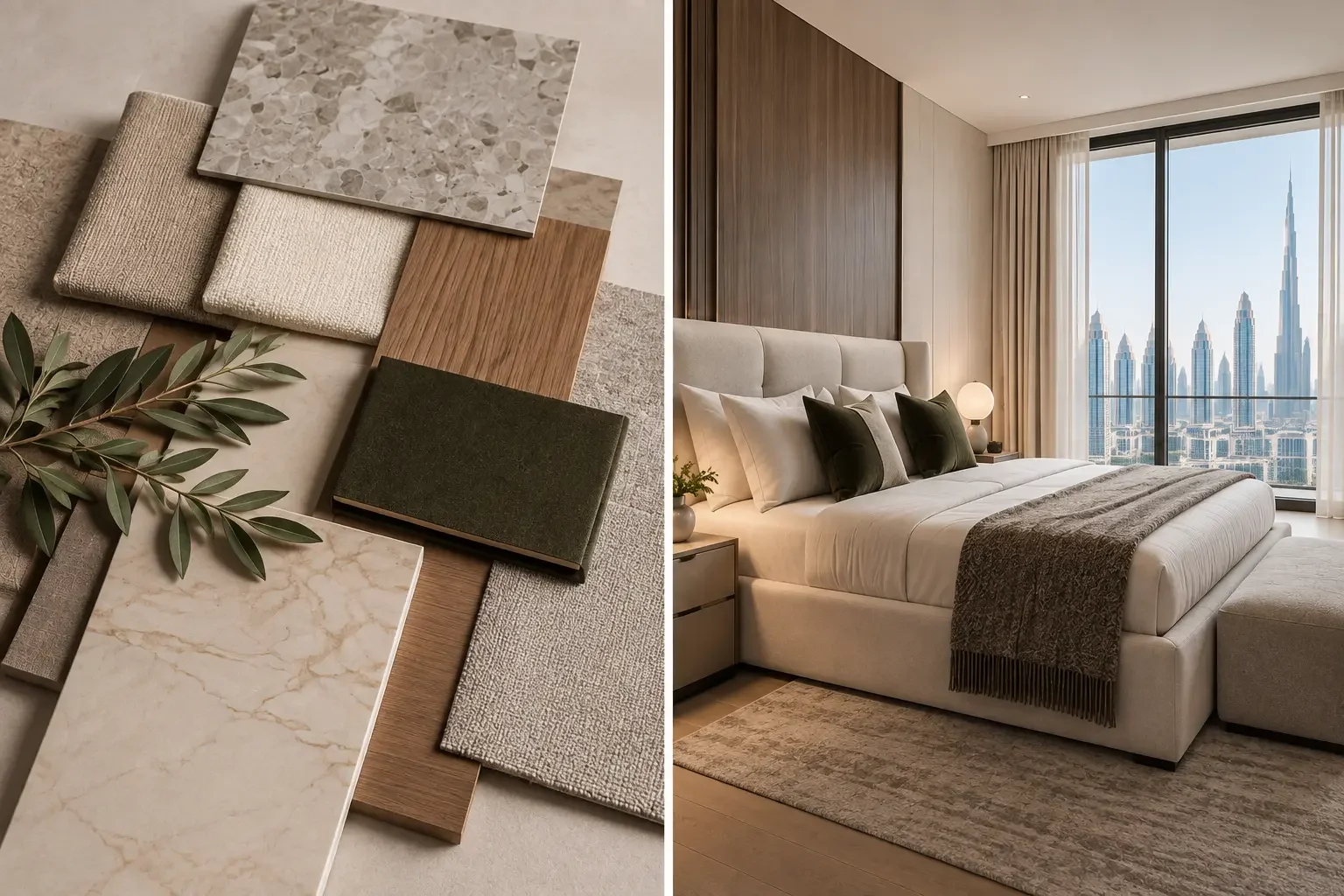 Interior design material palette and luxury bedroom with neutral finishes and Dubai skyline views