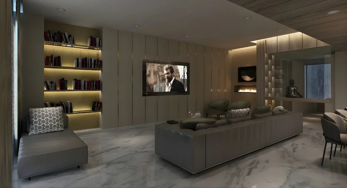 Modern luxury living room with marble flooring, built-in LED shelving, neutral seating, and warm ambient lighting creating a refined contemporary space