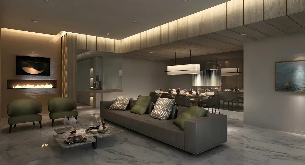 Contemporary open-plan living room featuring neutral tones, custom wall paneling, integrated lighting, and minimalist furniture arrangement