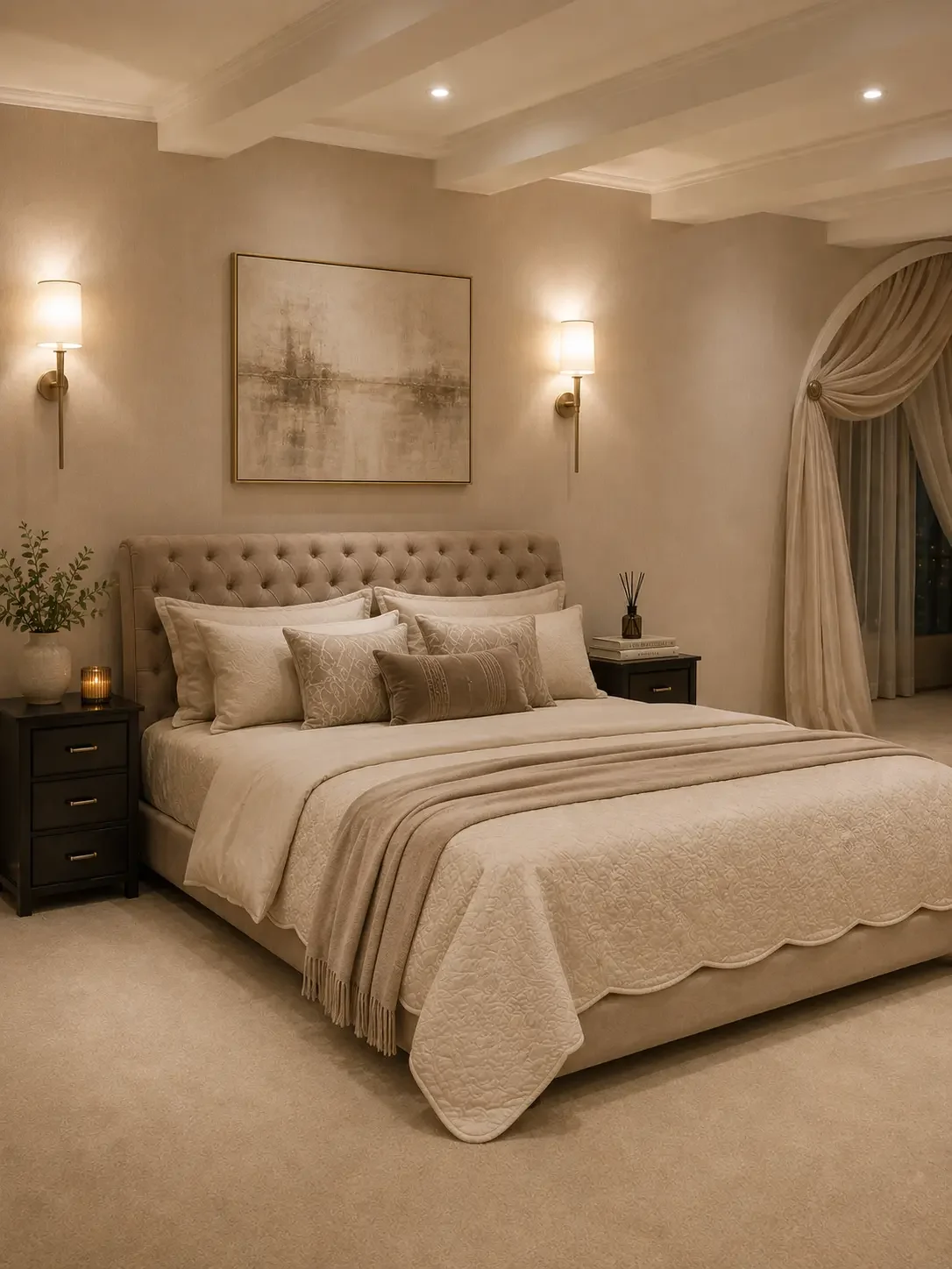 Modern neutral bedroom with tufted upholstered bed, layered bedding, abstract artwork, warm sconces, and soft contemporary styling.
