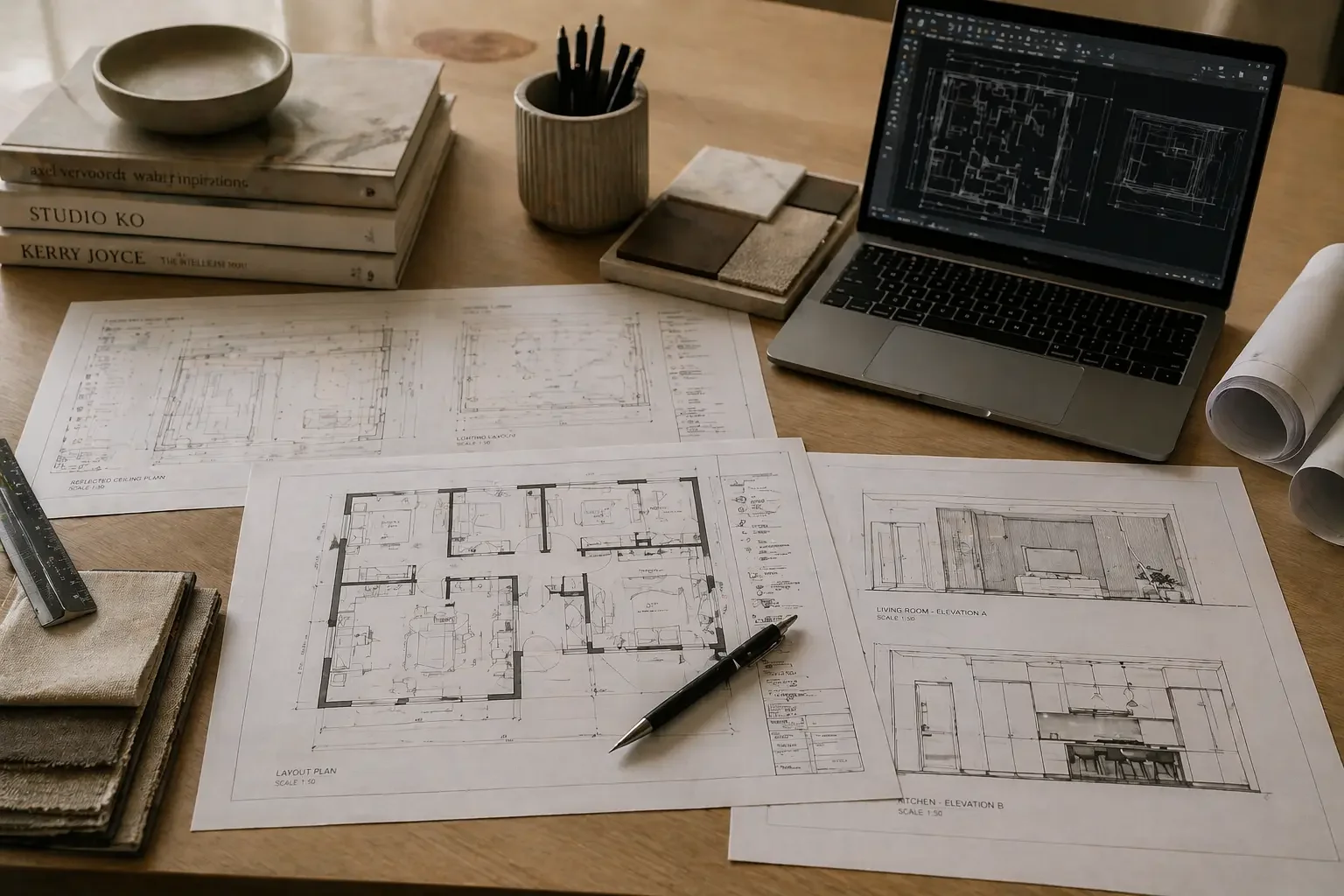 Interior design drawings and documentation including floor plans, elevations, and technical layouts displayed on a modern workspace with materials and laptop