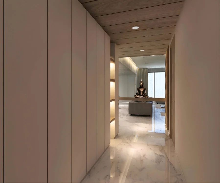 Modern minimalist hallway with marble flooring, wood ceiling, built-in cabinetry, and Buddha statue in a serene, softly lit interior space