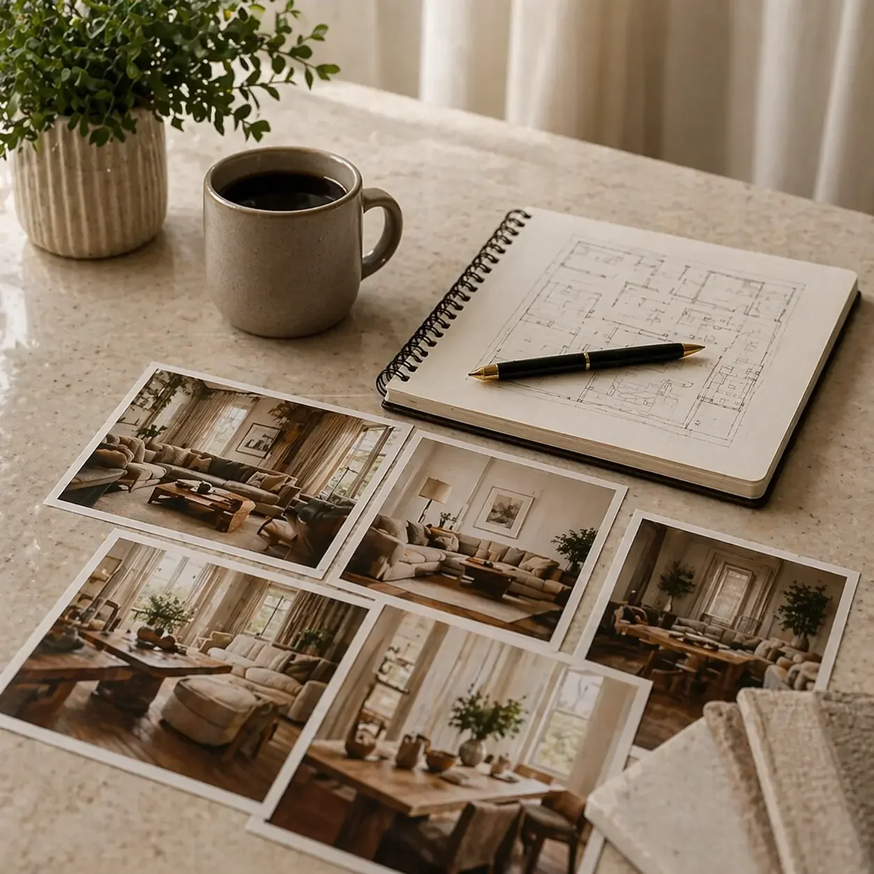 Interior design consultation workspace with sketches, inspiration photos, and a notebook on a table.