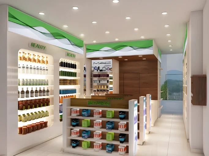 Retail pharmacy shelving design for Family Medic showcasing structured product display and integrated lighting for enhanced visibility