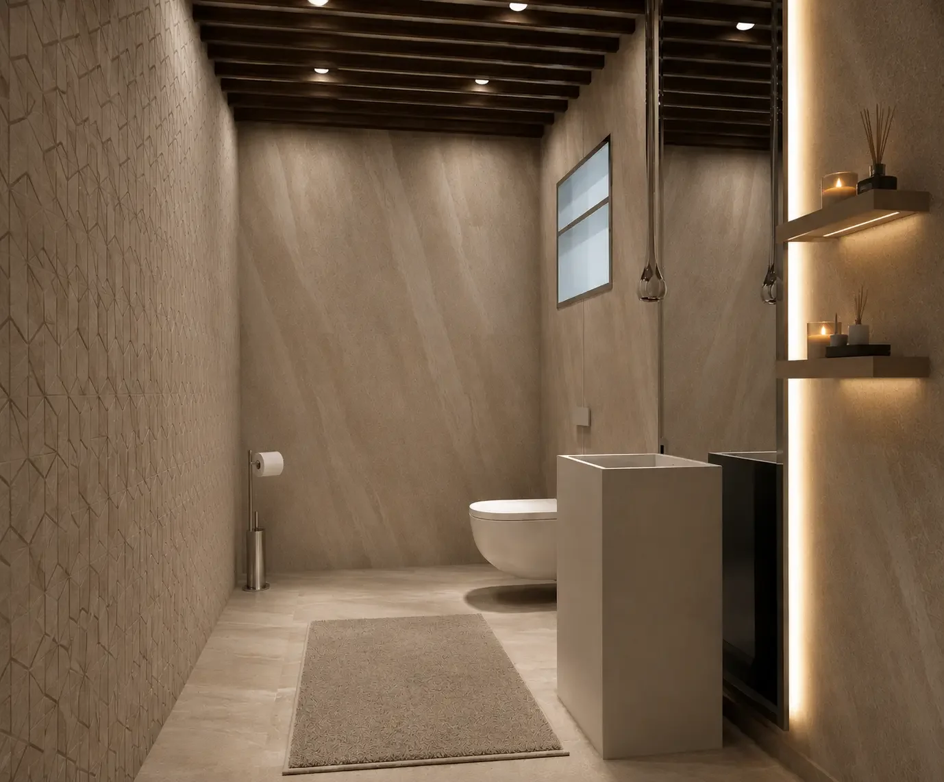 Modern editorial powder room with textured walls, pedestal basin, warm ambient lighting, wood slat ceiling, and neutral spa-inspired styling.