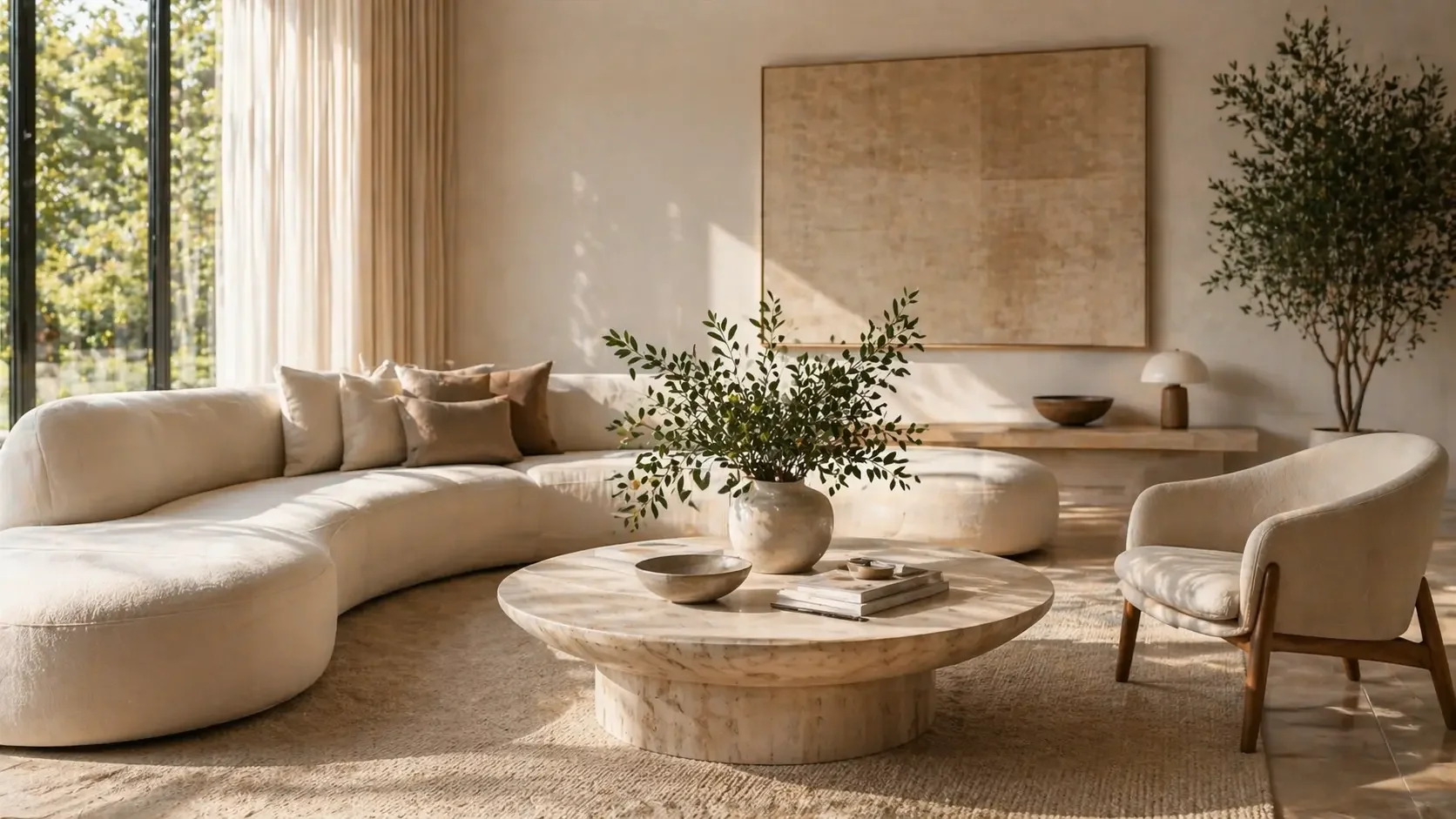 Modern neutral living room with natural light, curved sofa, and elegant minimal decor.