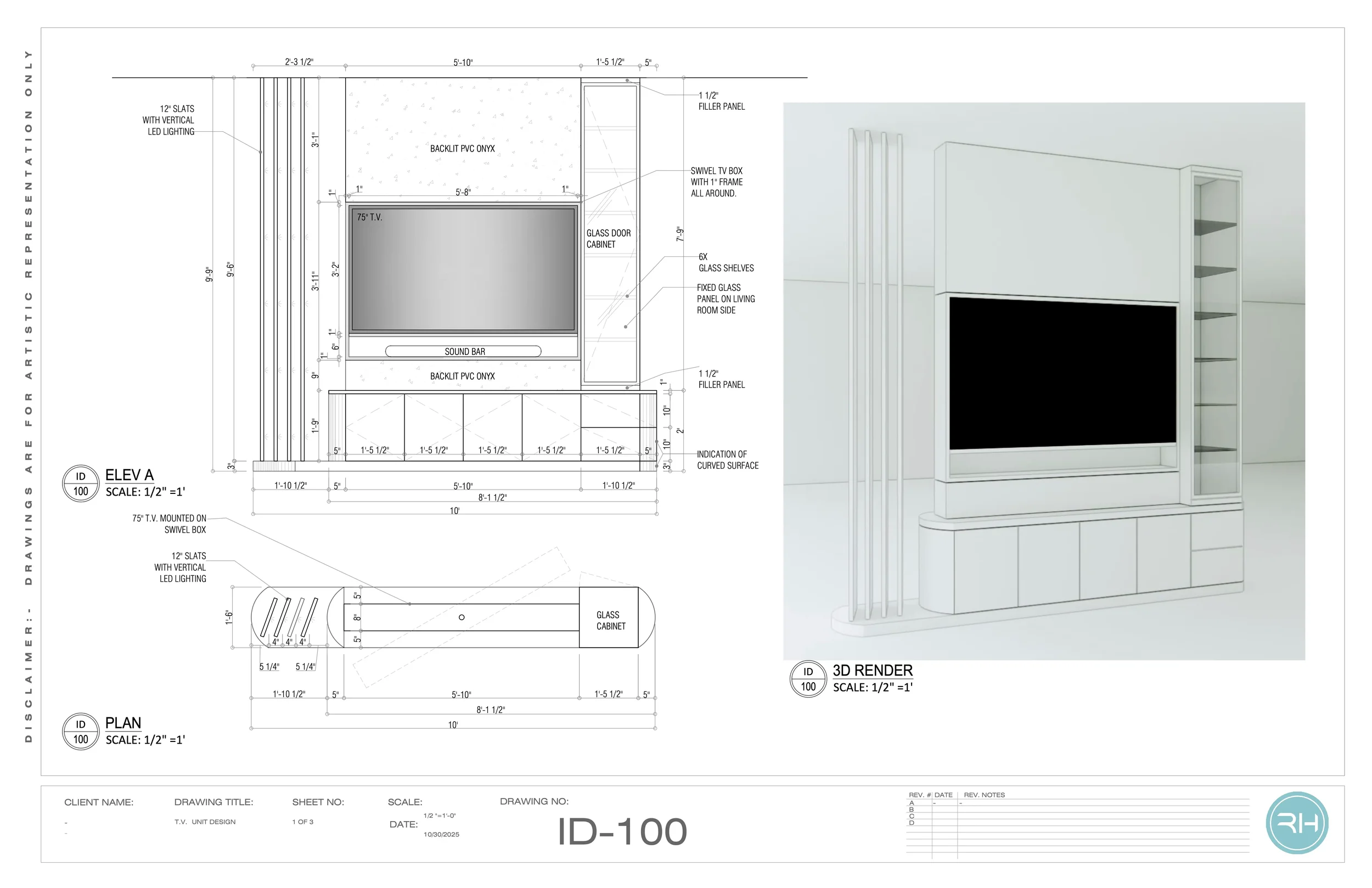 Rotating Tv unit cad drawing and 3d sketch for a living room in Los Angeles