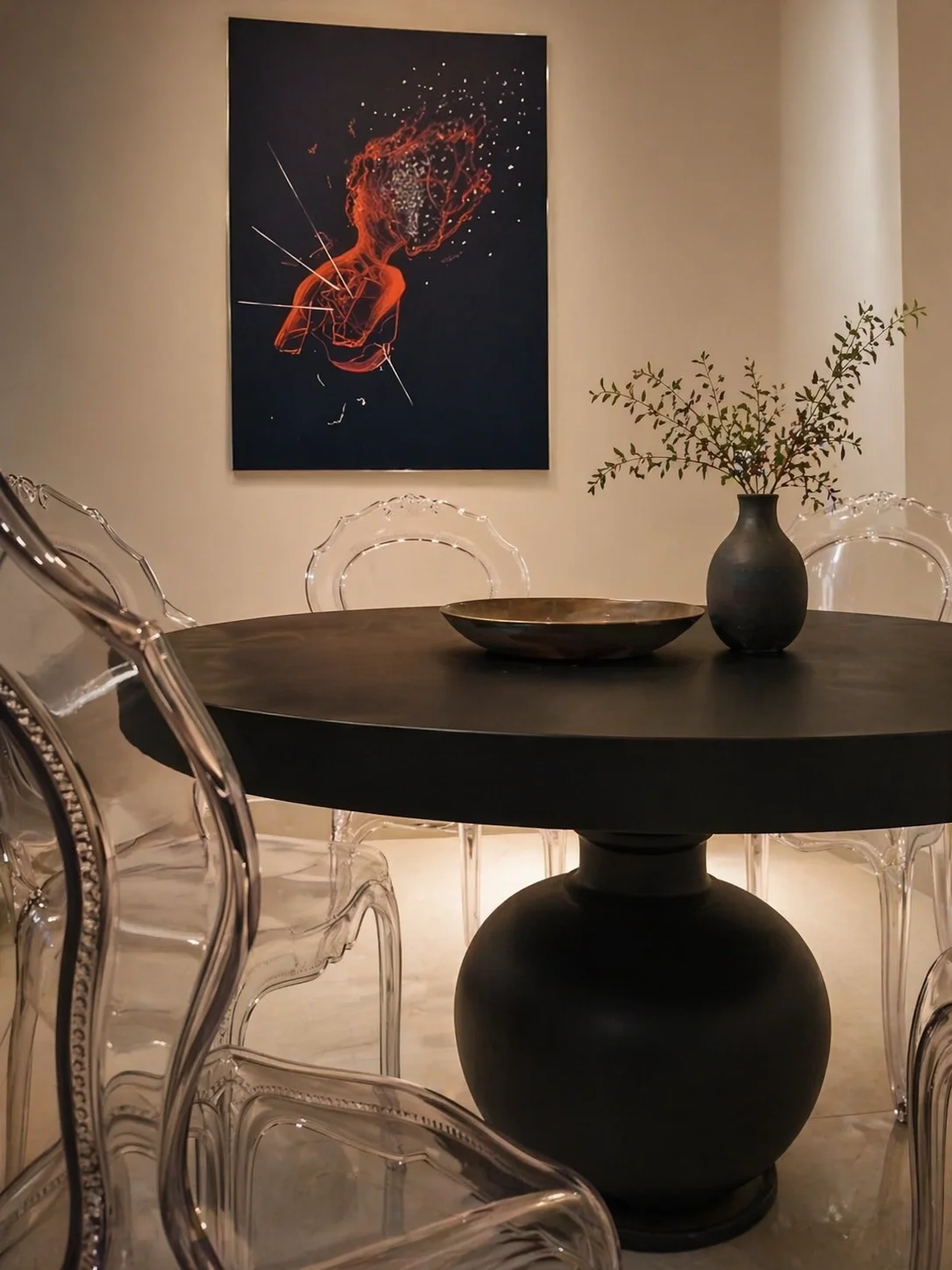 Interiors of an apartment in eclectic style with wooden table acrylic chairs and funky artwork