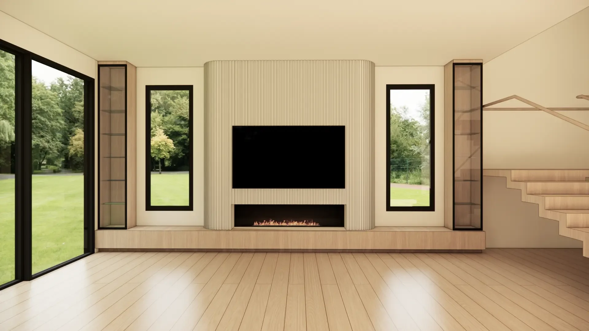 Plaster fireplace 3d render with oak bench and built-ins for a New Jersey great room.