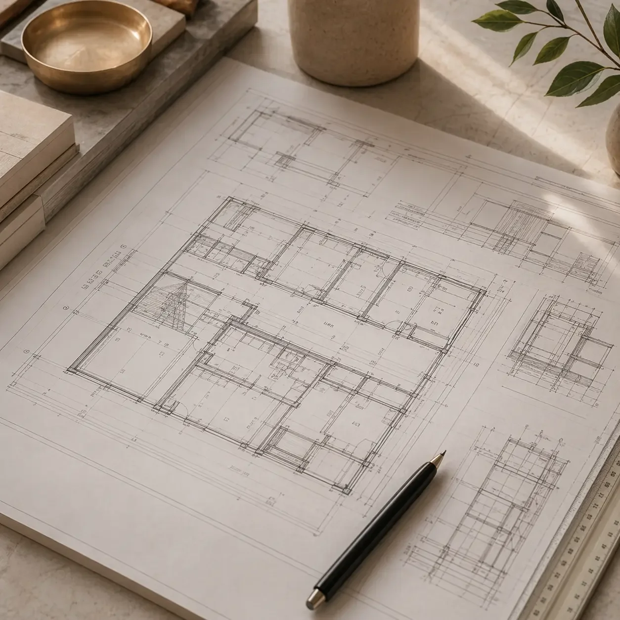 Architectural drawings and technical plans on a desk with pen and ruler, interior design documentation.