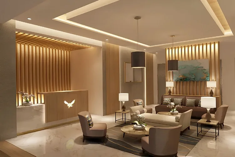 Hotel lobby and restaurant interior design in Bur Dubai featuring modern lighting, elegant seating, and warm material palette