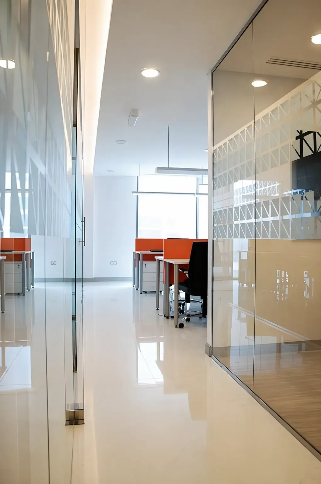 Modern commercial office interior design with glass partitions and open workspace layout