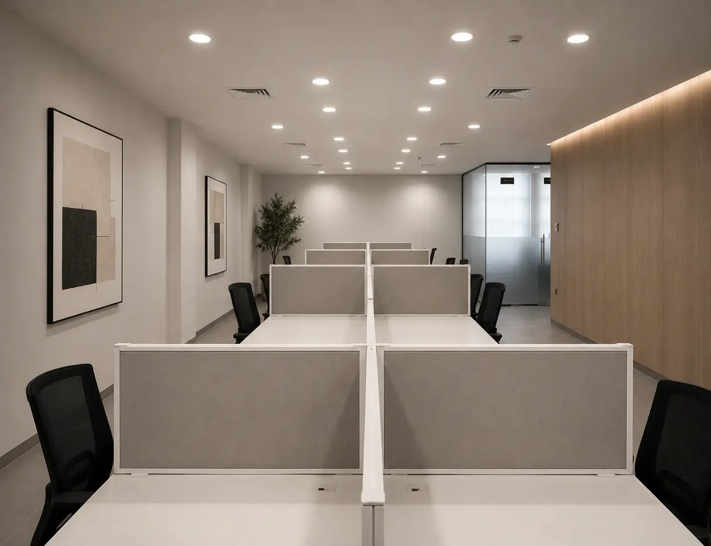 Corporate office interior detail for Shurooq Sharjah highlighting wood finishes, glass partitions, and modern design elements