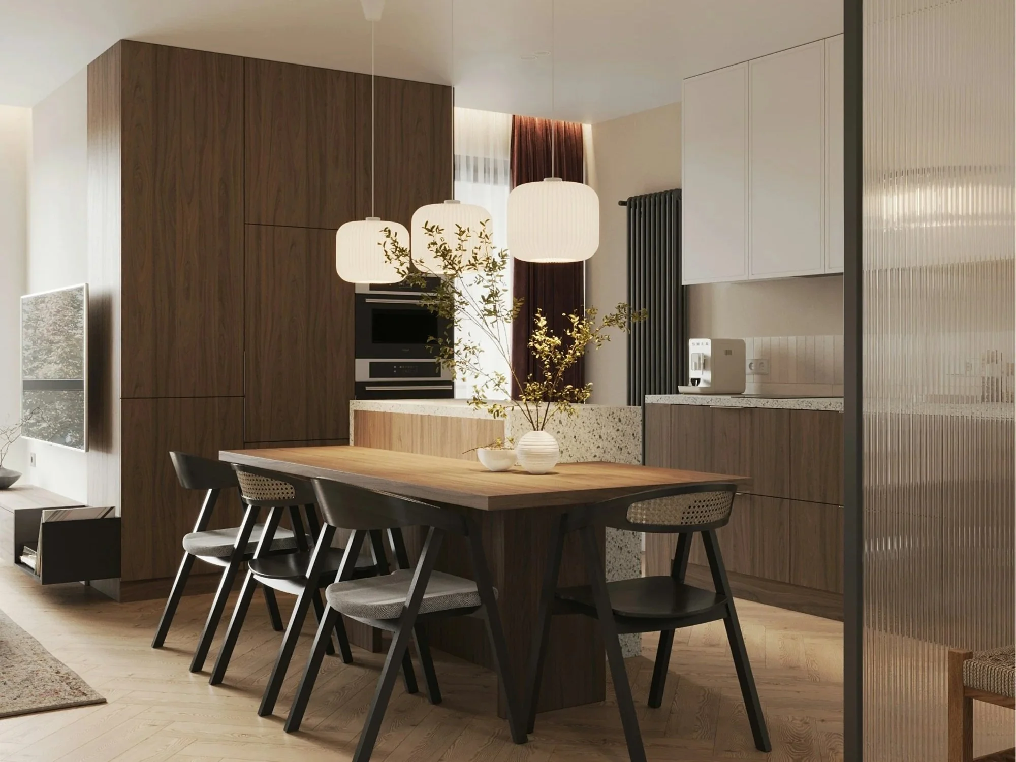 Modern kitchen and dining space with warm wood cabinetry, terrazzo countertop, pendant lighting, and minimalist furniture in a refined contemporary interior design