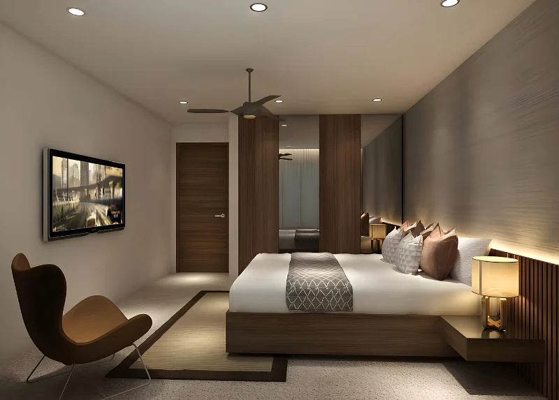 Modern bedroom interior featuring layered lighting, textured walls, and a refined neutral color scheme for a sophisticated look