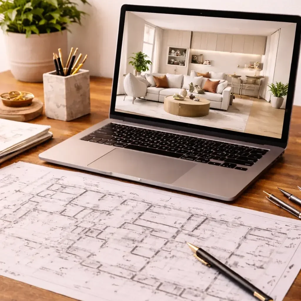 Interior design drafting and 3D rendering of a contemporary apartment displayed on laptop with architectural plans and workspace setup