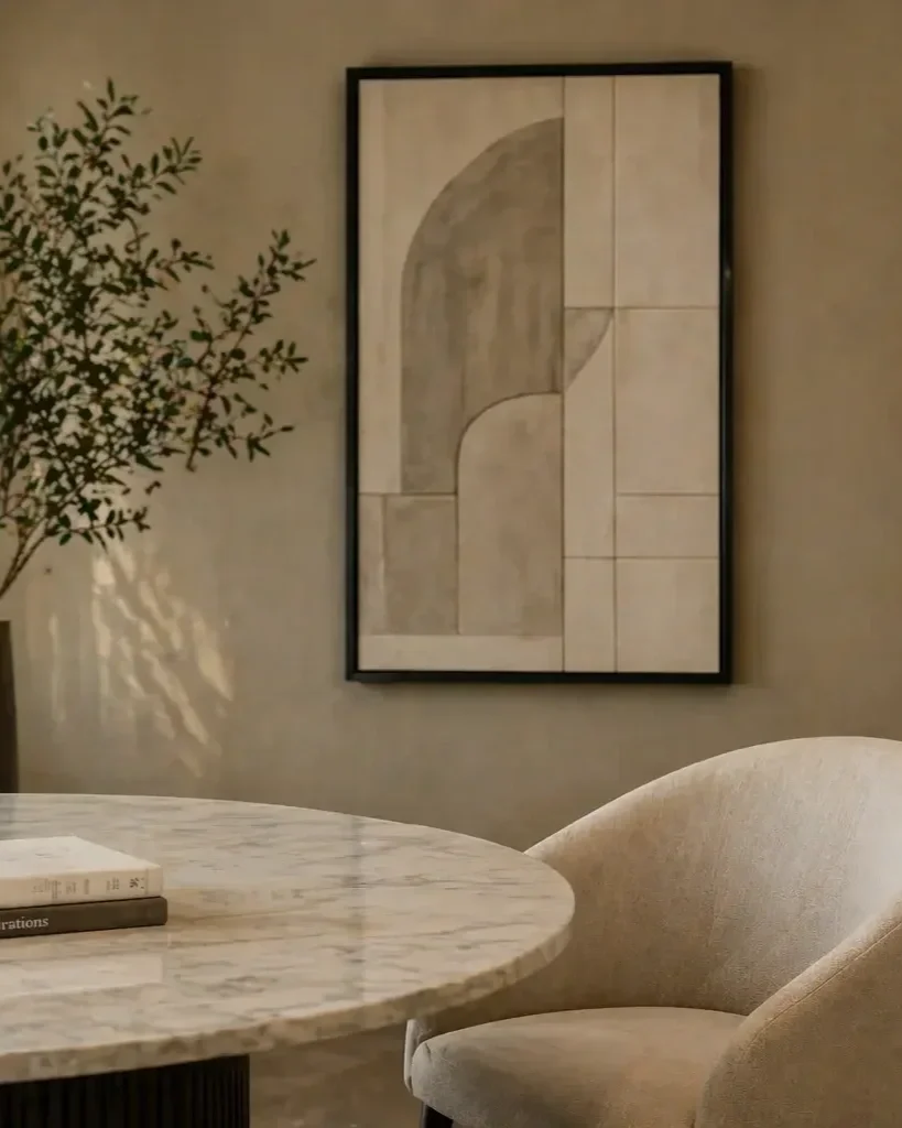 mimimalist interiors with marble table upholstered arm chair abstract artwork in a daylight setting