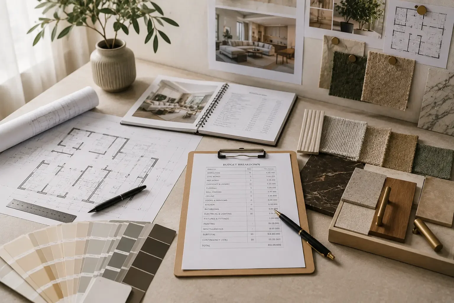 Interior design documentation workspace with floor plans, budget documents, material samples, fabric swatches, finishes, and a curated material board for an apartment renovation.