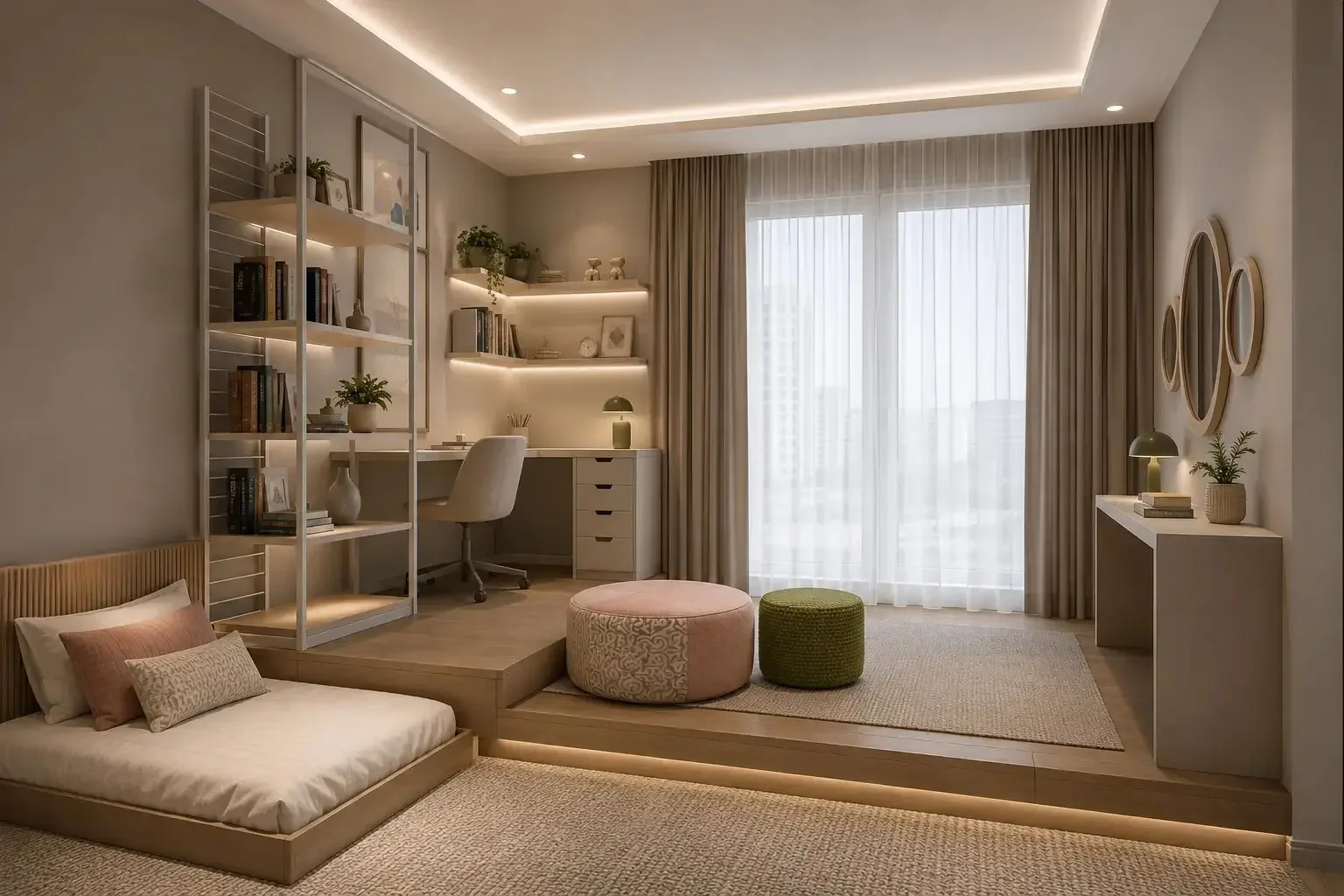 Modern girls bedroom with raised study platform, hidden pull-out bed, warm lighting, and multifunctional layout.