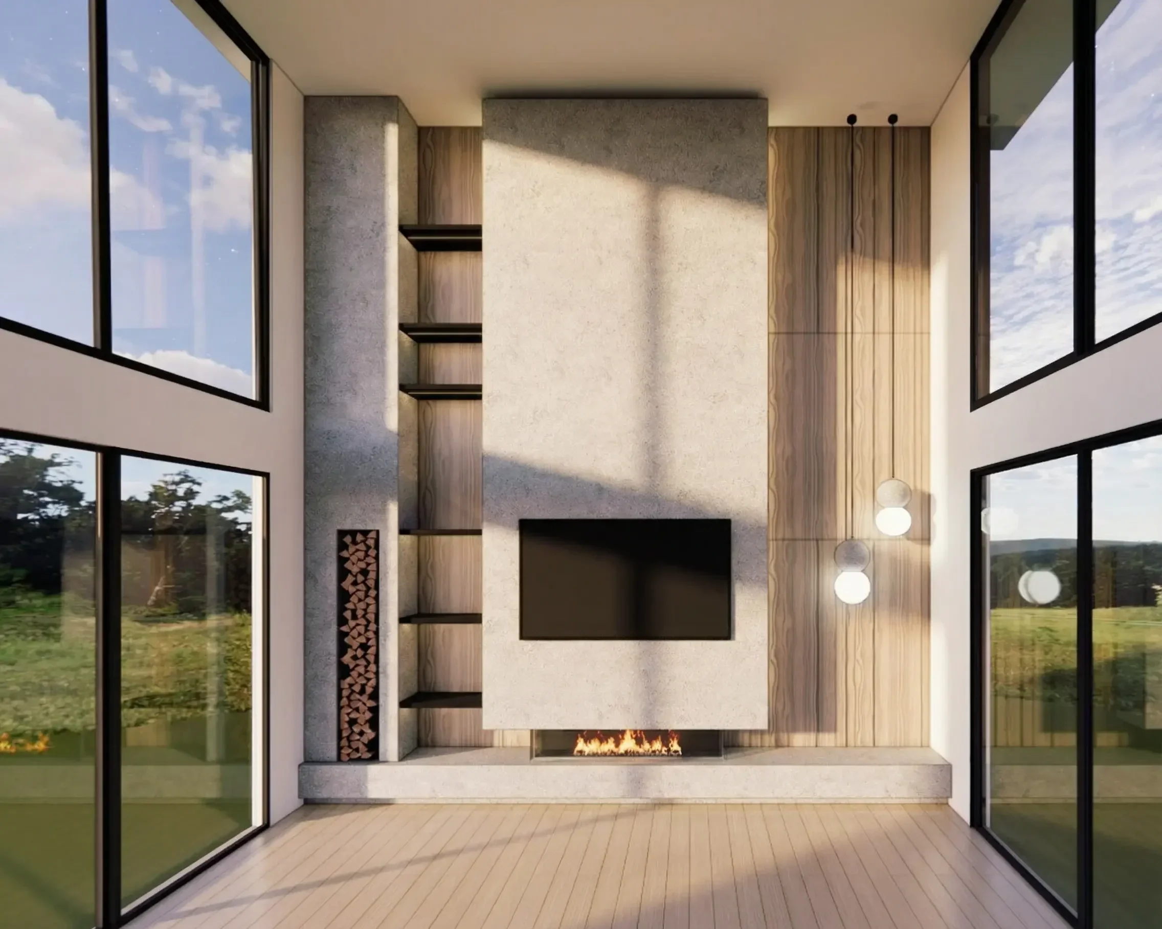 Modern great room fireplace feature wall designed to emphasize scale, proportion, and ceiling height in a contemporary interior.
