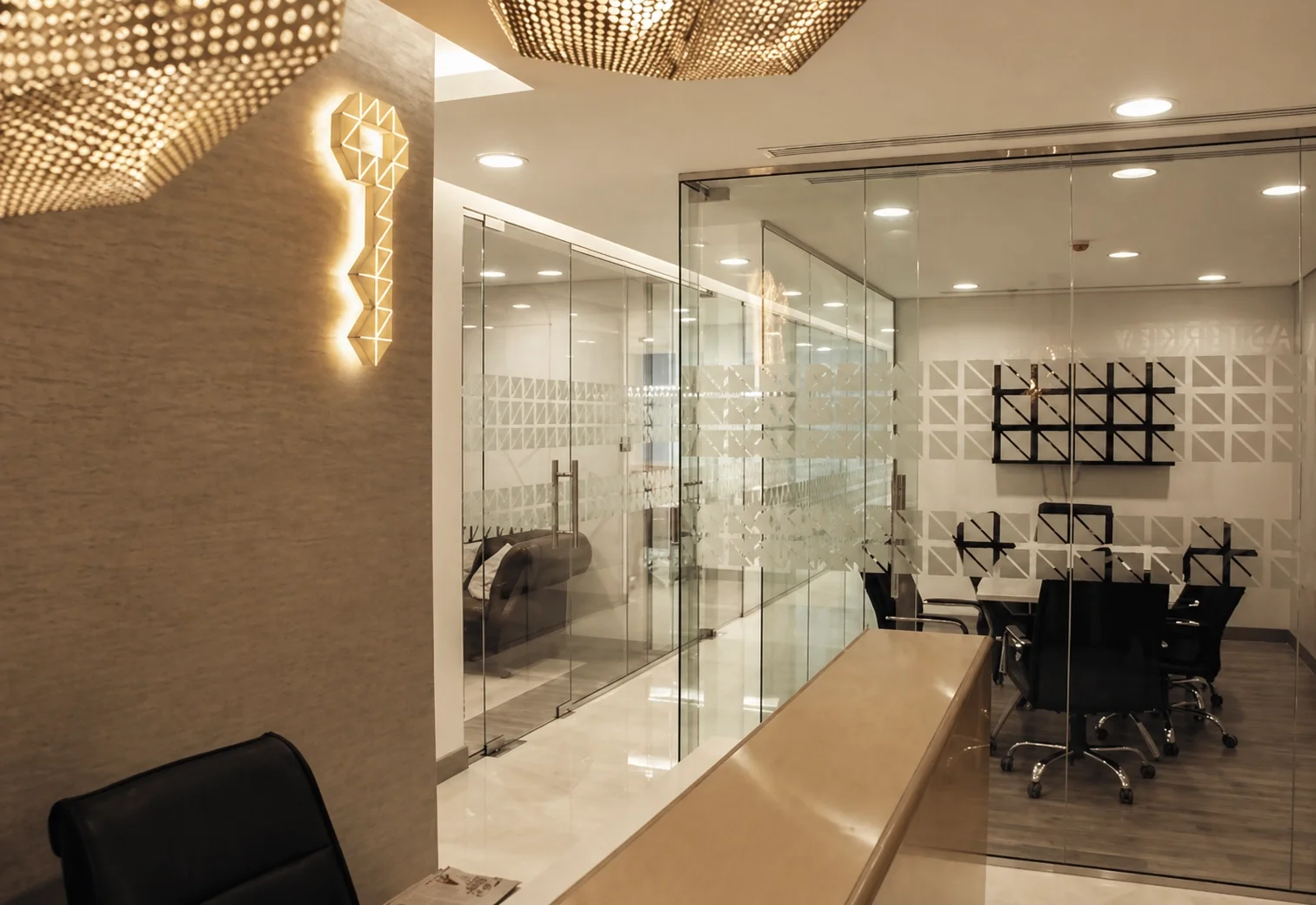 Reception of a modern office with customized illuminated signage