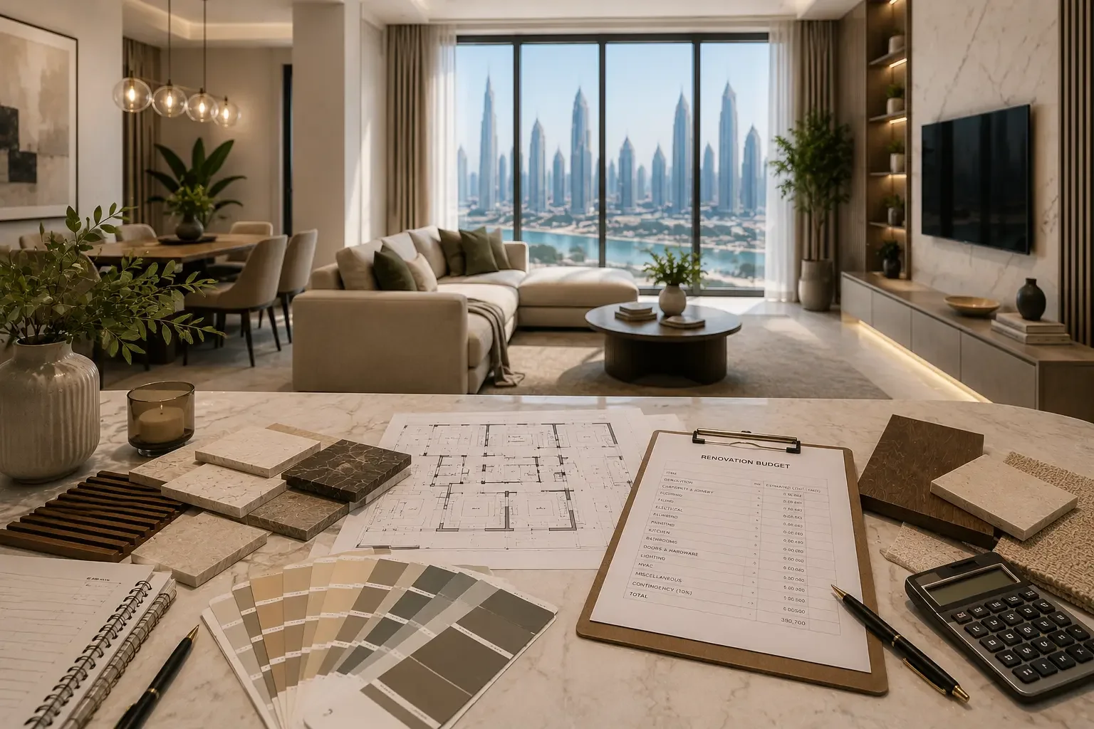 Finished luxury Dubai apartment interior with renovation plans, budget documentation, material samples, and finish selections arranged on a designer’s table.