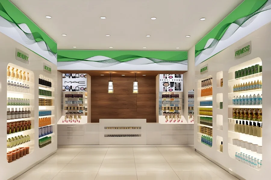 Pharmacy interior design for Family Medic in Dubai featuring organized product displays, bright lighting, and a clean retail layout