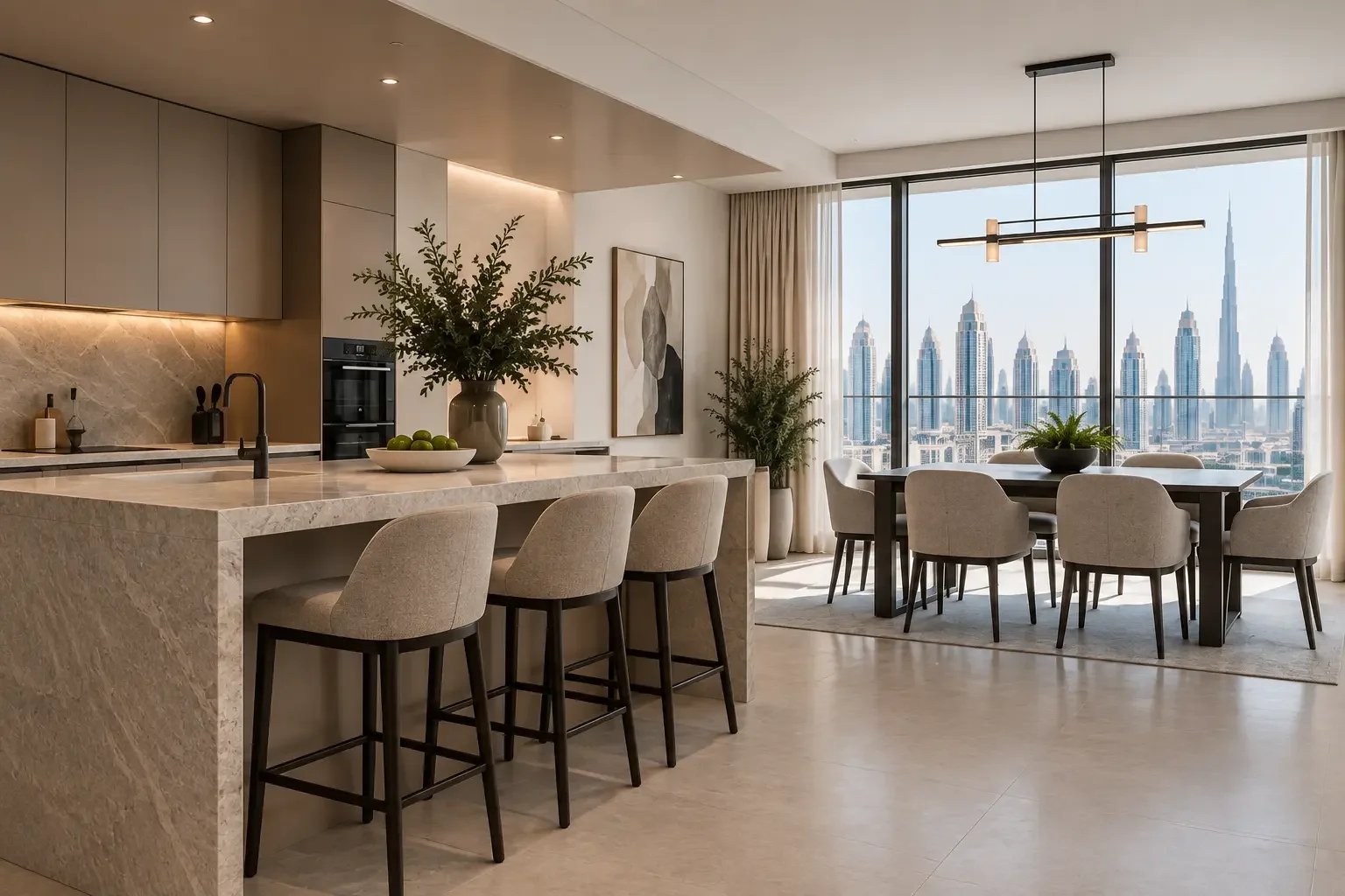 Modern Dubai apartment kitchen and dining area with stone island and contemporary finishes