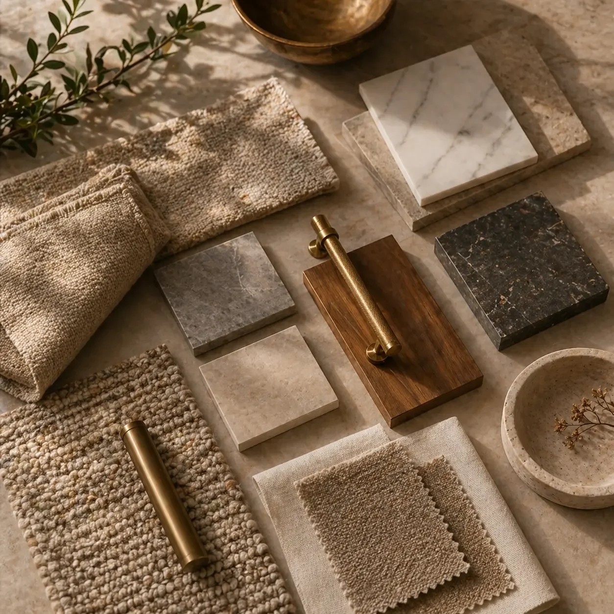 Interior design materials and mood board with fabric, wood, stone, and finishes in neutral tones.