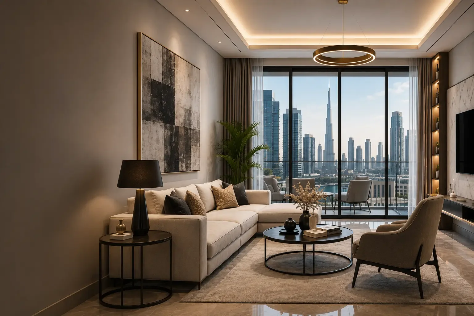 Elegant contemporary living room in a Dubai apartment featuring neutral interiors, modern furniture, and panoramic skyline views, showcasing affordable interior design services in Dubai.