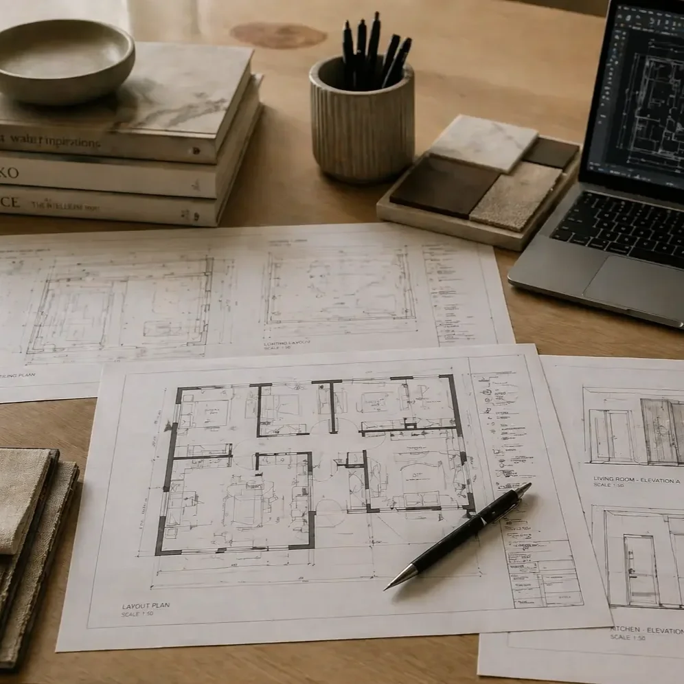 interior design drafting with architectural plans and cad setup on laptop