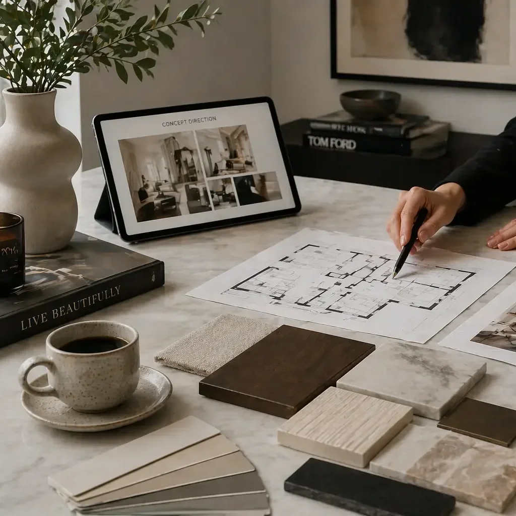 Interior design consultation session with material samples, floor plans, and design concepts being reviewed in a modern workspace