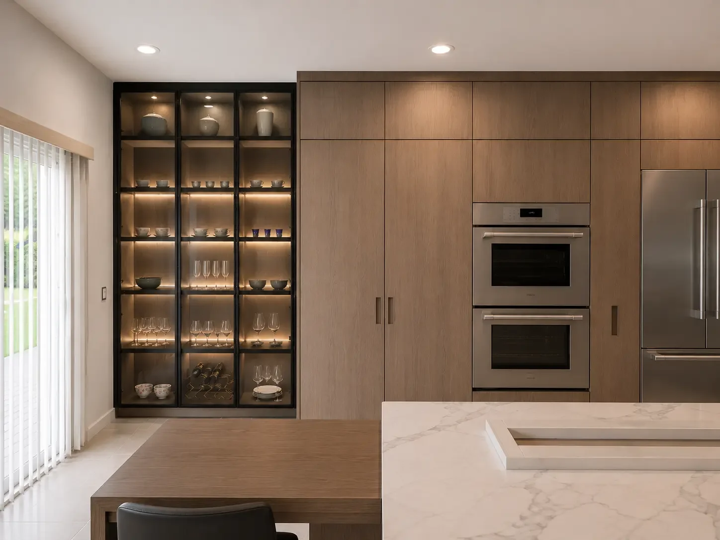 Custom kitchen in Pine CT NJ featuring integrated appliances, warm wood cabinetry, and display shelving.