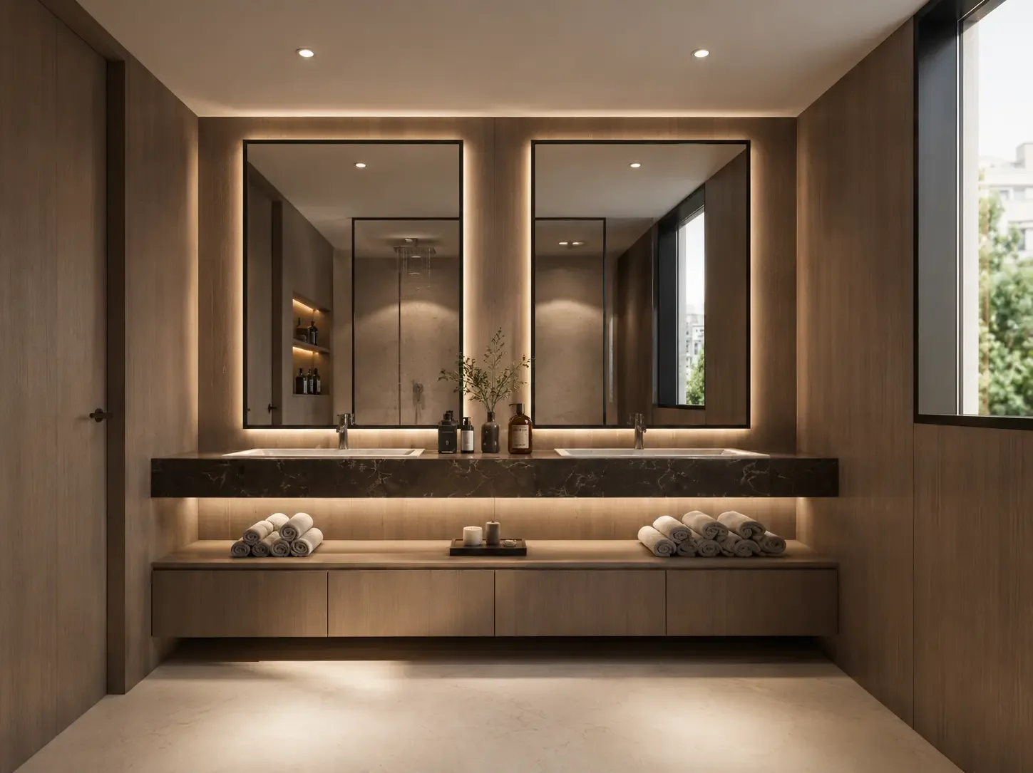 Modern luxury bathroom with floating double vanity, illuminated mirrors, warm wood paneling, marble countertop, and spa-inspired styling.