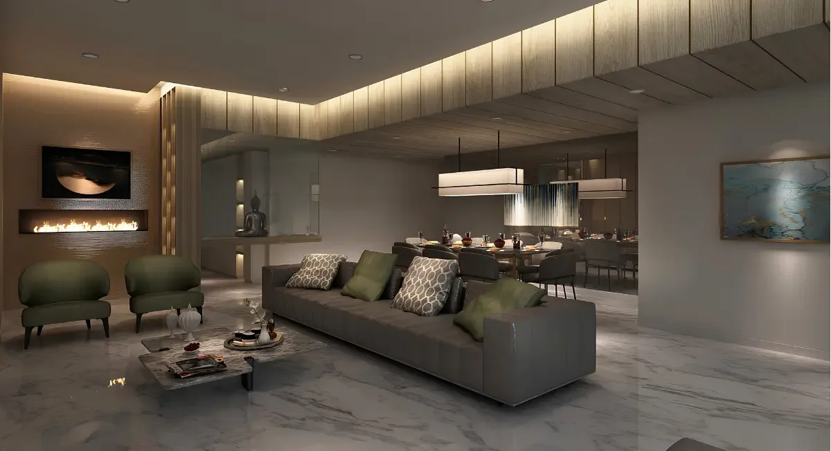 Luxury apartment living room in Business Bay Dubai with custom lighting, marble flooring, and built-in shelving