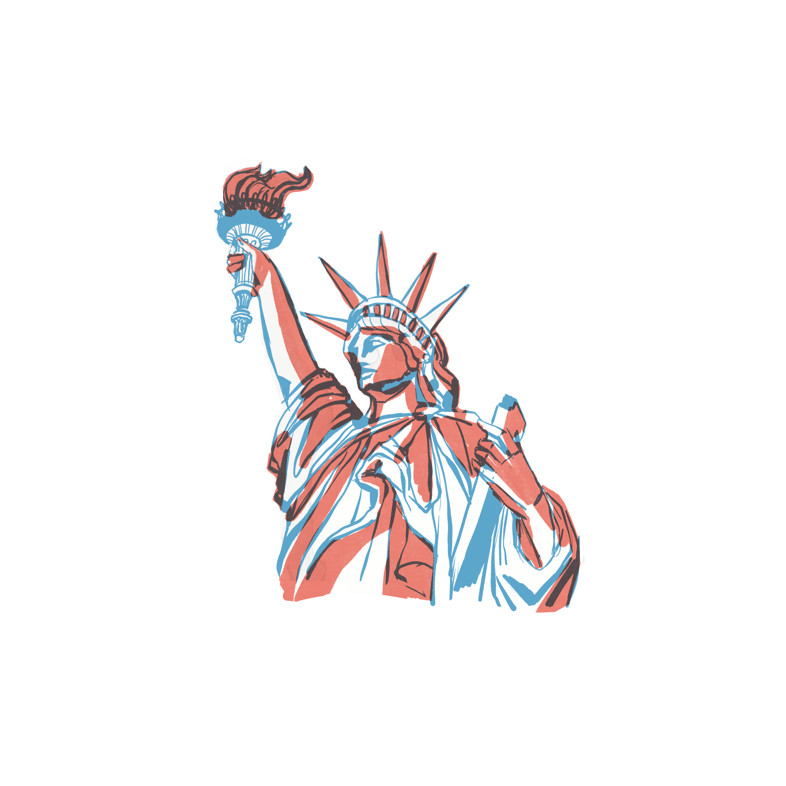 Illustration of the Statue of Liberty with a stylized, abstract design in red, white, and blue colors.