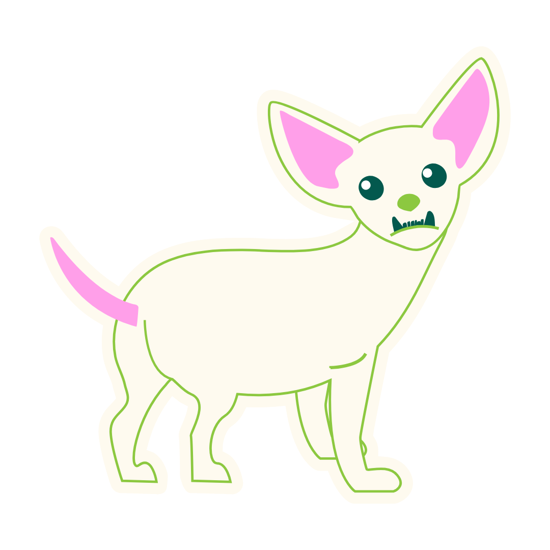 A cartoon drawing of a small, hairless dog with large ears, light-colored skin, pink inner ears, and a pink tail. The dog has big, dark eyes and a small green nose, with its mouth slightly open showing teeth.