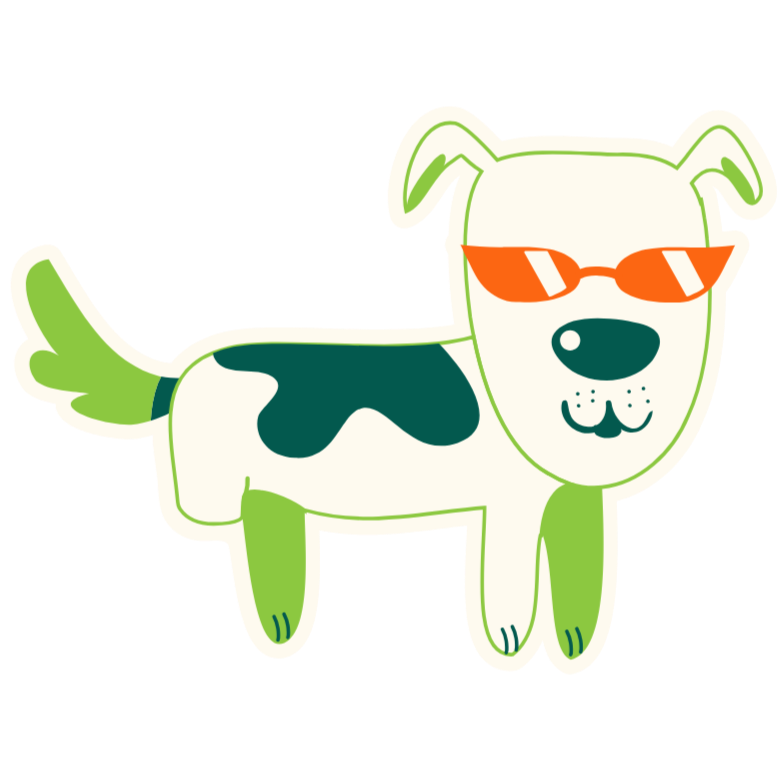 Cartoon illustration of a dog wearing red sunglasses, with a white body, green tail, ears, and legs, and black spots on its back.