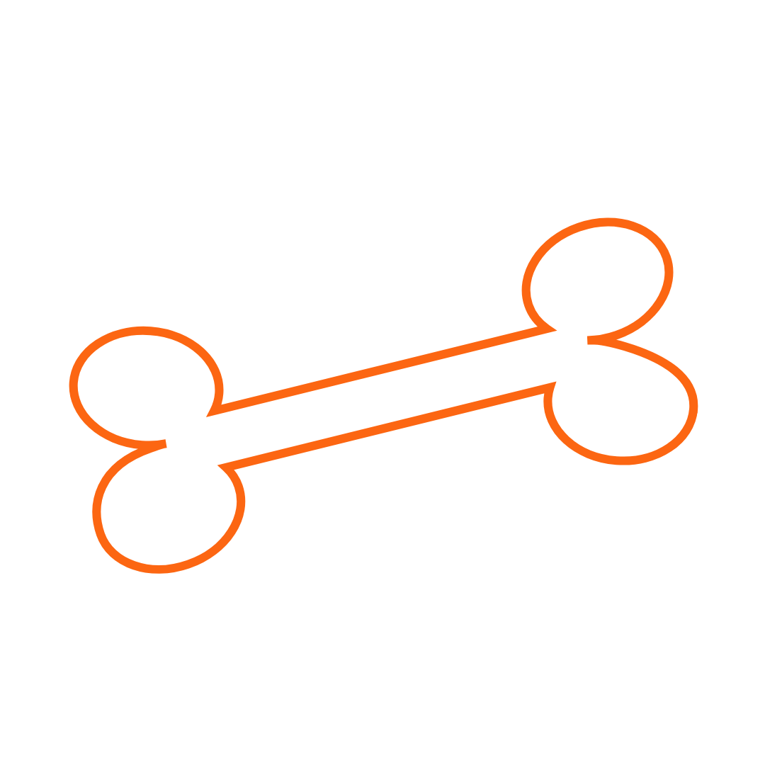 A stylized illustration of a dog bone with an orange outline.
