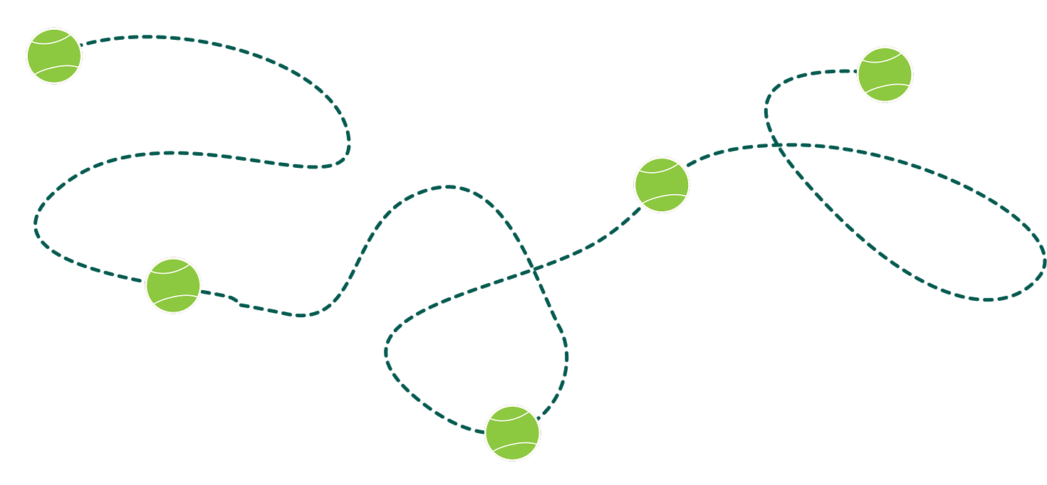 Diagram of a tennis ball with a dotted line indicating its irregular bouncing path.