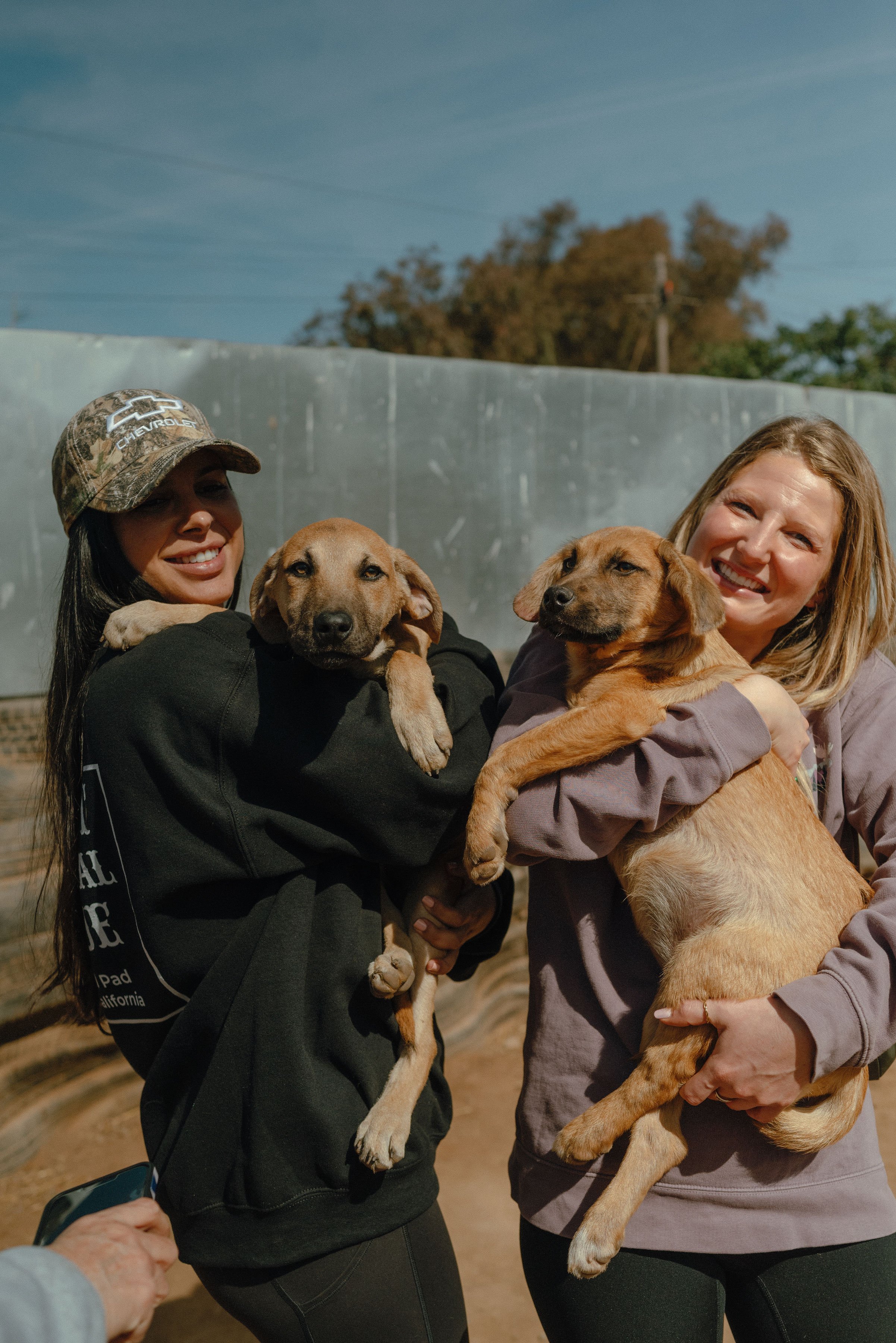 Two women holding puppies outdoors, with a person taking a photo of them. One woman has long dark hair and is wearing a camouflage hat, the other has long blonde hair. The puppies are light brown with black markings.